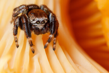 Wall Mural - Jumping spider on a yellow chanterelle mushroom background