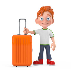 Aufkleber - Cartoon Little Boy Teen Person Character Mascot with Orange Travel Suitcase. 3d Rendering