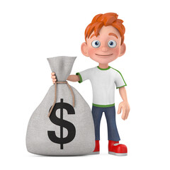 Poster - Cartoon Little Boy Teen Person Character Mascot with Tied Rustic Canvas Linen Money Sack or Money Bag with Dollar Sign. 3d Rendering