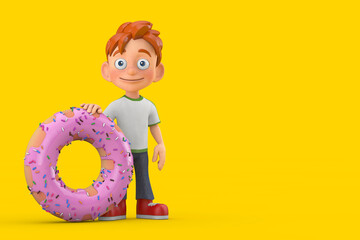 Poster - Cartoon Little Boy Teen Person Character Mascot with Big Strawberry Pink Glazed Donut. 3d Rendering