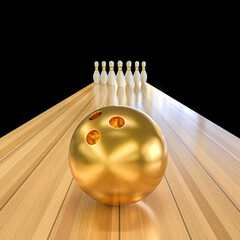 Wall Mural - gold bowling ball and skittles on the line.