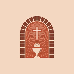 Poster - Christian illustration. Cross, holy chalice and bread.