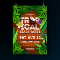 Wall Mural - Vector Summer Tropical Beach Party Flyer Design with Flower and Palm Leaves on Vintage Wood Background. Summer Holiday Illustration with Exotic Plants and Typography Letter for Banner, Flyer