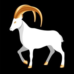 Wall Mural - Strong ram with big golden horns. White sheep for islamic holiday or festival Eid Al Adha. Design animal for decoration poster or postcard. Sacrificial goat in flat style. Graphic vector illustration