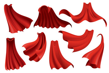 Superhero red capes. Scarlet fabric silk cloak in different position, front and side view. Carnival masquerade dress, realistic costume design. Flying Mantle costumes