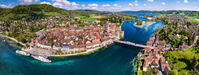 Wall Mural - Aerial panoramic view of beautiful old town Stein am Rhein in Switzerland border with Germany. Popular tourist destination