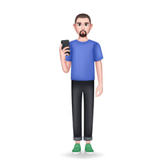 3D Man Holding Phone. Isolated Human in Full length. Vector illustration