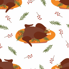 Wall Mural - Seamless pattern with baked turkey, berries and leaves. Happy thanksgiving day. Suitable for textile, fabric, wallpaper, wrapping. Vector illustration. 