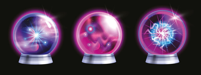 Magic crystal ball vector set, witch fortune sphere, glass energy purple globe 3D neon light circle. Game power orb, mystery future round fortune teller design element pink shine flare. Magic ball kit