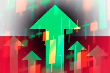 Increasing green arrows showing improvements in the economy or growth of stocks on the stock exchange in Poland