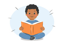 Afro American Boy Kid Reading Book. Knowledge And Education Concept. Vector Illustration