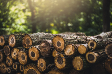 Canvas Print - Log trunks pile, the logging timber forest wood industry. Banner of wood trunks timber harvesting in forest. Wood cutting in forest.