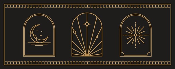 vintage line art of Bohemian golden logo art collection, icons and symbols, sun and moon, arch window design geometric abstract design elements for decoration.