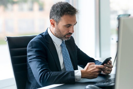 elegant mature businessman using mobile phone while working with computer in his office in a modern 