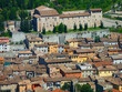 A beautiful panoramic view of the old town of Fossombrone in the Le Marche region of Central Italy showing the colourful old traditional houses and the historic Corte Alta 