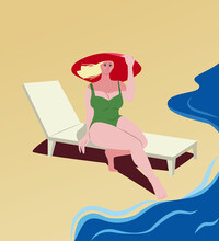 A Girl In A Swimsuit Is Sitting On A Sunbed. Beach Shore Near The Ocean. Pin-up Girl In A Green Swimsuit And A Red Hat. Vector Illustration.