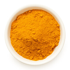 Poster - Ground turmeric in white ceramic bowl from above.