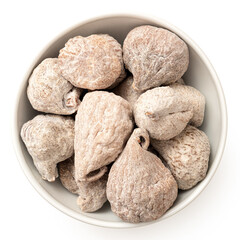 Poster - Dusted dried baby figs in a white bowl isolated on white from above.