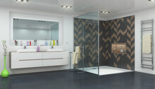 3d Illustation - Modernes Badezimmer - Dusche - Zwei Waschbecken - Spiegel