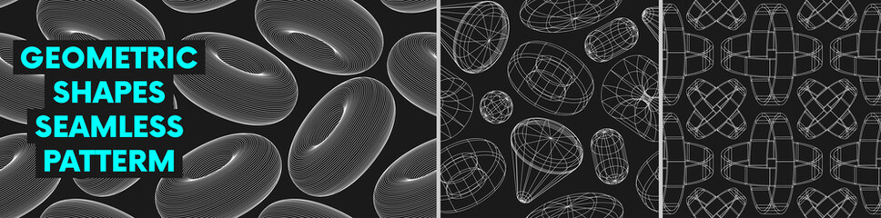 Fototapete - Seamless pattern with linear form geometric shapes, strange wireframes distortion and transformation of figure, vector graphic design inspired by brutalism, set 3