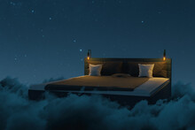 3d Rendering Of Cozy Bed Over Fluffy Clouds At Night