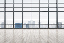 Great City View From Big Lattice Window In Empty Spacious Hall With Wooden Floor. 3D Rendering
