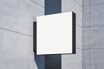 Wall Mural - Perspective view on blank white illuminated square screen on modern building grey wall with place for your logo or company name. 3D rendering, mockup