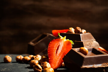 Wall Mural - Dark chocolate, fresh strawberries, nuts on a dark background