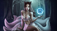 Beautiful Fantasy Fox Woman Sitting In The Stone On A Fairy Forest