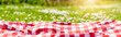 Closeup view of the picnic duvet on the meadow with green grass and spring flowers.