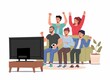 © Valentina - Football fans, friends watching match on TV. Men and women sitting on couch and celebrating soccer team winning or goal. Vector illustration for championship, leisure at home, sport game supporter