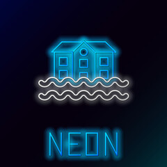 Sticker - Glowing neon line House flood icon isolated on black background. Home flooding under water. Insurance concept. Security, safety, protection, protect concept. Colorful outline concept. Vector