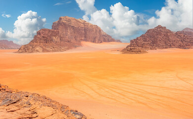 Wall Mural - Red sands, mountains and marthian landscape panorama of Wadi Rum desert, Jordan