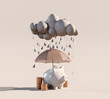 Piggy bank with stacked coins and umbrella under the rainy cloud 3D Rendering, 3D Illustration