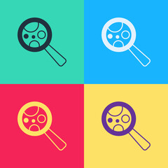 Poster - Pop art Microorganisms under magnifier icon isolated on color background. Bacteria and germs, cell cancer, microbe, virus, fungi. Vector