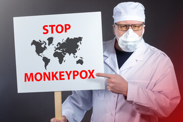 Wall Mural - The doctor warns of the new Monkeypox virus.  Monkeypox bacteria. Study of fever. Monkeypox bacilli fly in air. The bacterium of smallpox is dangerous for human health.