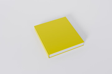 Wall Mural - Mockup of a square book with a blank glossy yellow cover on white background. Isolated with clipping path.