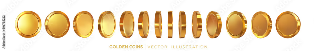 Gold coins rotating in different positions. A set of 3d money in ...