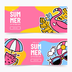 Wall Mural - summer sale horizontal banner design with colorful background and decorative elements. summer flyer 