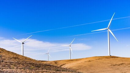  Wind turbines on the top of golden hills in Contra Costa County, East San Francisco bay area, California