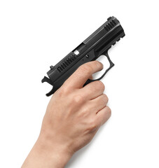 Wall Mural - Man holding semi-automatic pistol on white background, closeup. Space for text