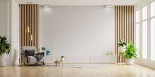 White Plaster Wall In Living Room With Armchair And Accessories,TV Room.