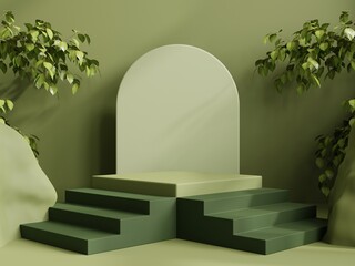 Wall Mural - Stairs podium in tropical forest for product presentation and green wall.