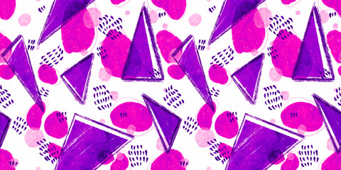 Poster - Seamless Retro 80s and 90s Abstract Geometric Circles ,Triangles, Squiggles and Dots Memphis Doodles pattern. Trendy Violet and Hot Pink Tileable Background Surface Design.