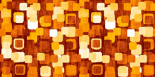 Seamless Vintage Mid Century Modern Retro Stacked Squares Wallpaper Pattern In A Nostalgic Cozy Warm Rust Red, Orange, Brown And Yellow Palette. A Grungy 8k Background Textile Texture.