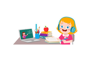 Wall Mural - little kid do online education in home