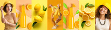 Collage Of Stylish Young People, Sour Lemons And Tasty Soda Drinks On Yellow Background