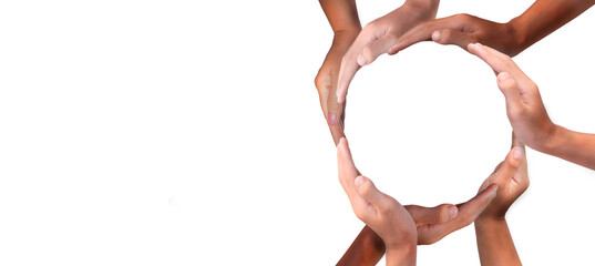 Conceptual symbol of multiracial human hands making a circle on white background with a copy space in the middle. conceptualization,