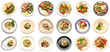 Set of plates with tasty baked cod fish fillet and vegetables on white background, top view