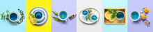 Collage With Butterfly Pea Flower Tea On Colorful Background, Top View